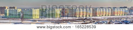 St. Petersburg Russia - January 11 2017: Residential complex New Ohta real estate in new buildings Panoramic photo.
