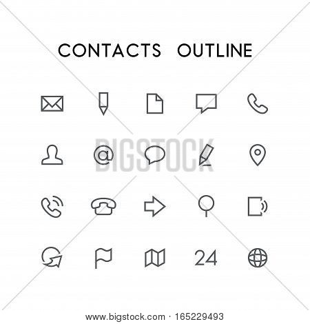 Contacts outline icon set - envelope, pencil, document, phone, chat, mail, man, arrow, globe, map, address  and others simple vector symbols. Website and business signs.