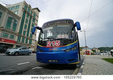 Muara,Brunei-Nov 11,2016:Express bus offers direct bus from Brunei Darussalam to Kota Kinabalu,Sabah,Borneo at B$ 45.Many tourists prefer bus ride to see more of the countryside.
