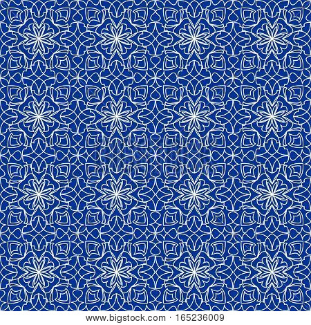 High contrasting seamless background tile with filigree white ornament on blue canvas. Vintage fabric style in damask design. Vector eps10