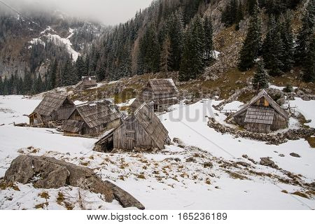 Alpine meadow during winter time in Julian Alps