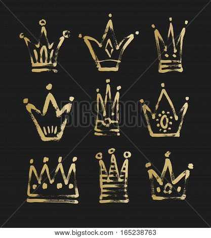 set of 9 black and gold sketch drawing princess and the king crown with paint grungy texture, vector illustration icons collection