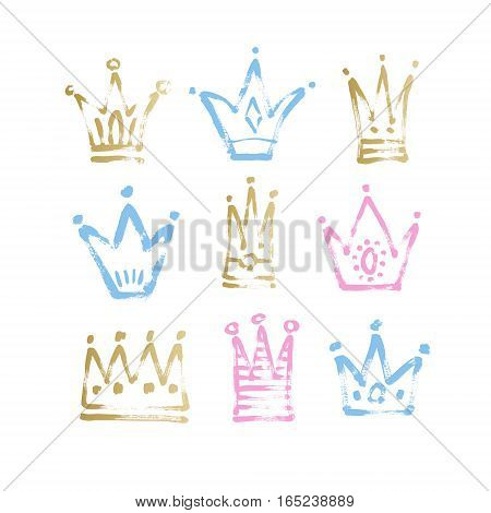 set of 9 blue, pink and gold sketch drawing princess and the king crown with paint grungy texture, vector illustration icons collection