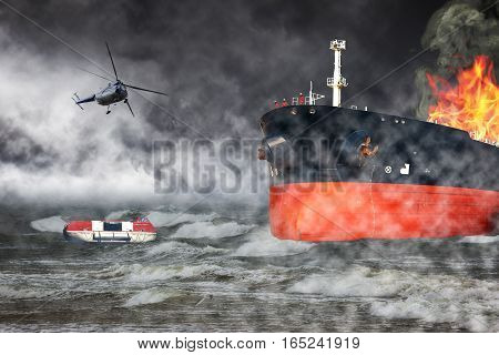 A helicopter rescue mission in difficult stormy weather - Burning ship at sea.