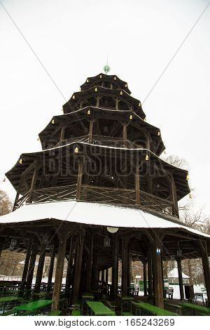 Chinese tower in munich winter time, bavaria