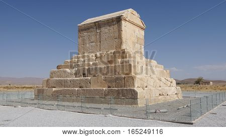 PASARGADAE, IRAN - OCTOBER 8, 2016: Tomb of achaemenid king Kyrus II. in Pasargadae on October 8, 2016 in Iran, Asia