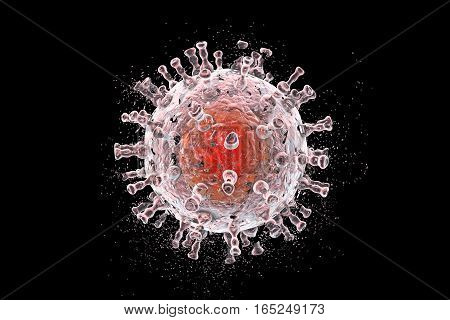 Destruction of Kaposi's sarcoma virus. 3D illustration of a herpes virus type 8 which causes Kaposi's sarcoma in HIV-infected patients. Concept for Kaposi's sarcoma treatment and prevention