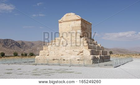 PASARGADAE, IRAN - OCTOBER 8, 2016: Tomb of achaemenid king Kyrus II. in Pasargadae on October 8, 2016 in Iran, Asia