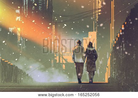 couple in love walking on street of city, illustration painting