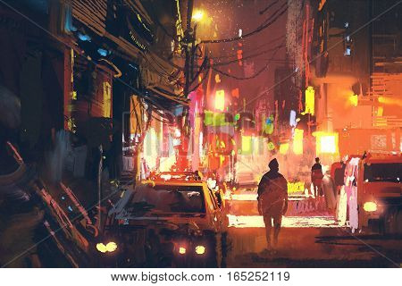 old street in the futuristic city at night with colorful light, sci-fi concept, illustration painting