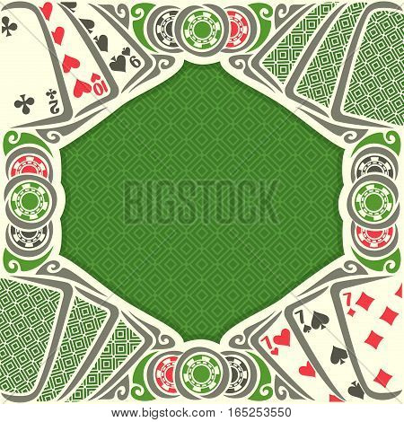 Vector image Black Jack for text on texture background, combination cards suits: 7, 9, 10, 2 for gamble game black jack on green felt table, blackjack or poker tournament, chips and back card.