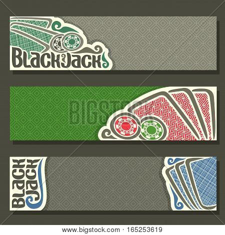 Vector horizontal Banner of Black Jack for text, blue cards back for gamble game blackjack on green felt table, cover banner for black jack, in header simple card, chips on texture background.