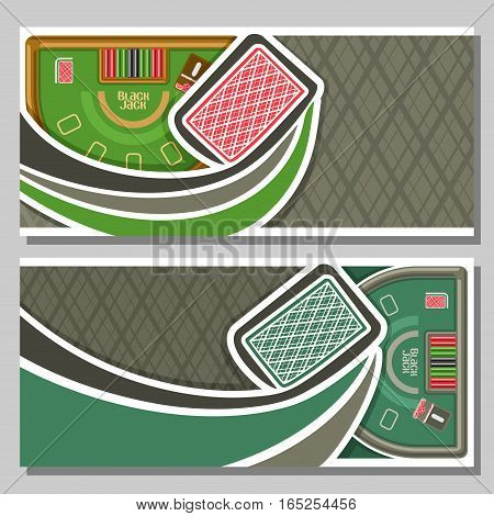 Vector horizontal banners of Black Jack for text: flying back card for gambling game on green blackjack table with equipment in casino club, layout banner for fun gamble black jack tournament.