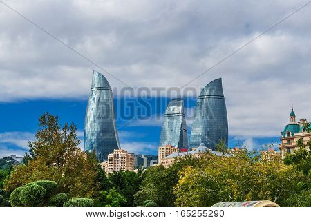 Flame Towers In Baku Cityscape.