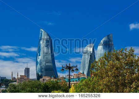 Flame Towers In Baku Cityscape.