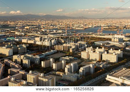 Osaka city residence area skyline view form Cosmo Squa Building Japan