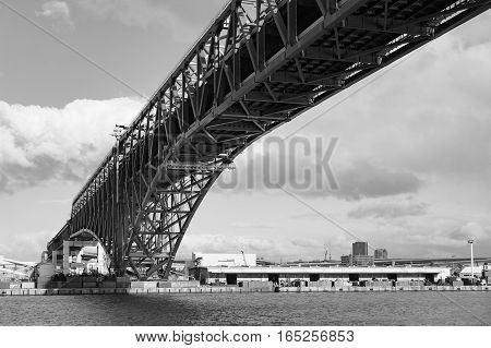 Black and White Minato Bridge (red bridged) in Osaka port Japan