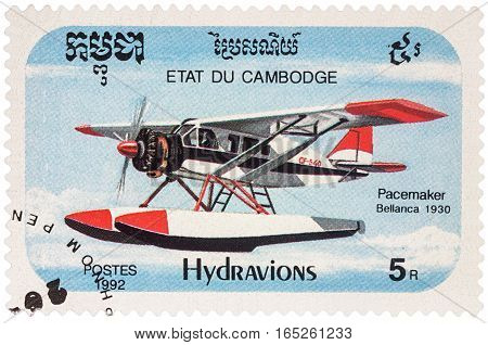 MOSCOW RUSSIA - January 10 2017: A stamp printed in Cambodia shows American seaplane Bellanca Pacemaker (1930) series 