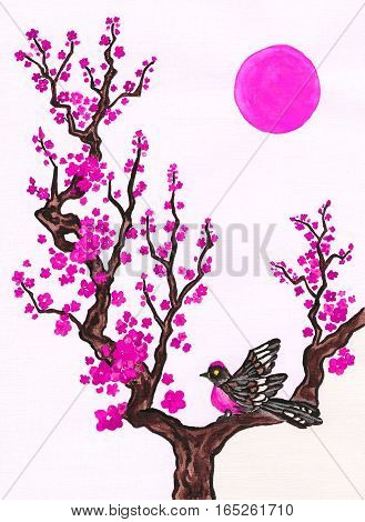 Bird on branch with pink flowers on white background vertical hand painted picture watercolours in traditions of old Chinese painting. Size of original 295 x 21 sm.