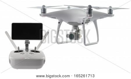 Flying Drone Quadcopter Isolated On White With Clipping Path