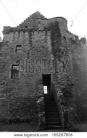 An exterior view of the entrance to Huntingtower castle