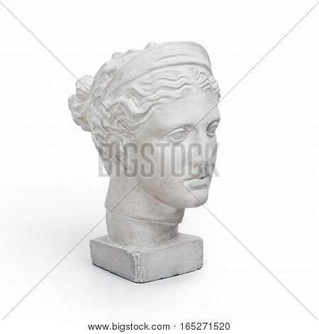 Marble head of young woman, ancient Greek goddess bust on white background.
