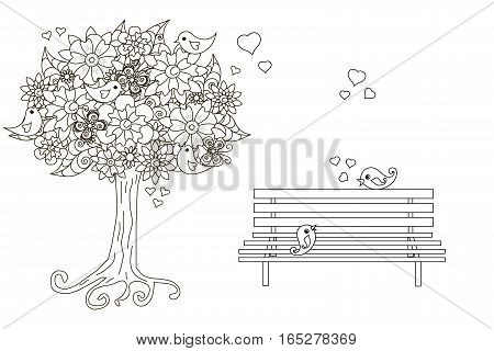 Anti stress blooming tree, birds with hearts, on bench hand drawn vector illustration