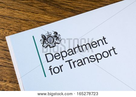 LONDON UK - JANUARY 13TH 2017:The logo for the Department for Transport on the corner of a booklet on 13th January 2017.