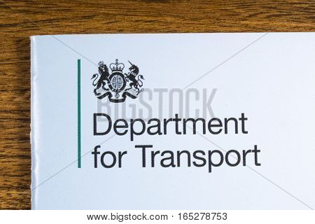LONDON UK - JANUARY 13TH 2017:The logo for the Department for Transport on the corner of a booklet on 13th January 2017.