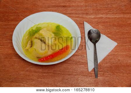 Japanese cuisine chicken soup with daikon carrot and konbu