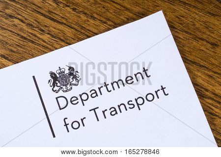 LONDON UK - JANUARY 13TH 2017: The logo for the Department for Transport on the corner of a leaflet on 13th January 2017.