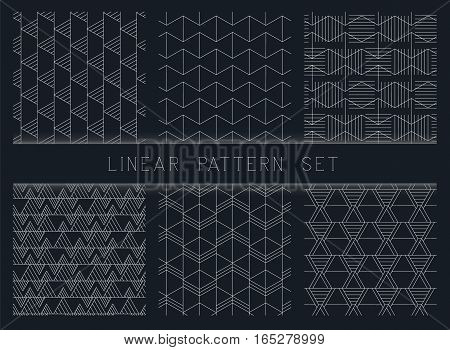 Collection of linear black and white geometric pattern textures. Seamless repeating monochrome texture set. Set of 6 backgrounds.