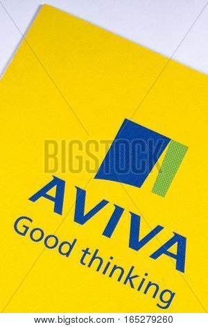 LONDON UK - JANUARY 13TH 2017: The logo for Aviva plc on the corner of a leaflet on 13th January 2017. Aviva are a British multinational insurance company.
