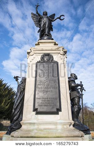 Looking up at the magnificent Colchester War Memorial in the historic town of Colchester UK.