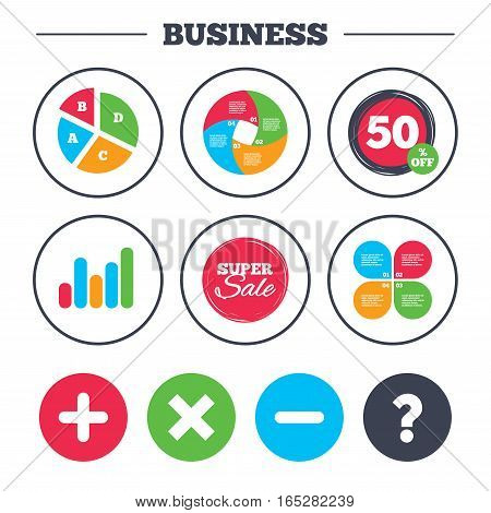 Business pie chart. Growth graph. Plus and minus icons. Delete and question FAQ mark signs. Enlarge zoom symbol. Super sale and discount buttons. Vector