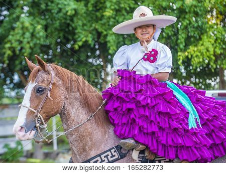 GUADALAJARA MEXICO - SEP 01 : Charra participates at the 23rd International Mariachi & Charros festival in Guadalajara Mexico on September 01 2016.