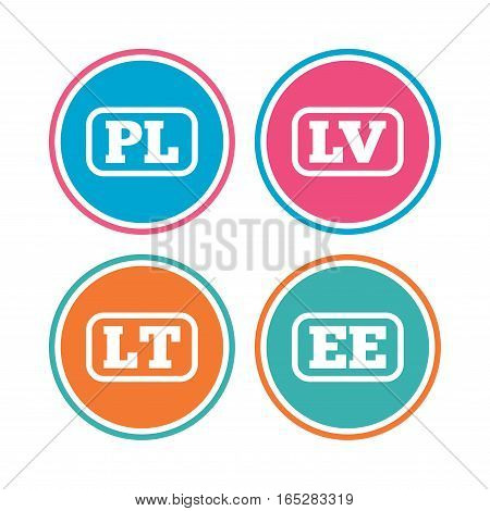 Language icons. PL, LV, LT and EE translation symbols. Poland, Latvia, Lithuania and Estonia languages. Colored circle buttons. Vector