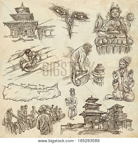 Travel NEPAL. Pictures of Life. Full sized hand drawing collection. Hand drawn illustrations. Pack of freehand sketches on old paper background. Traveling around Federal Democratic Republic of Nepal.