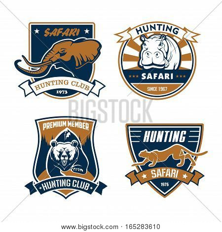 Hunting club emblems and vector icons set. Wild African safari animals elephant with tusks, grizzly bear and rhinoceros or hippopotamus, cheetah panther. Vector signs or ribbon badges for hunter adventure