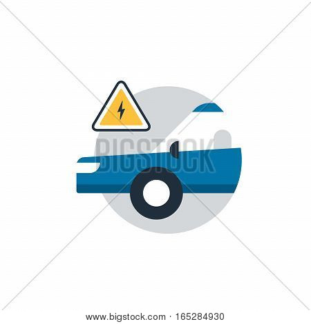 Blue car in a circle with attantion sign. Auto car repair services, diagnostic concept, electrical failure. Flat design vector illustration