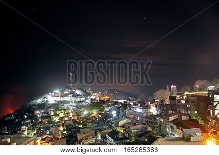 Beautiful view of murree hills Mall road at night in winters Punjab Pakistan