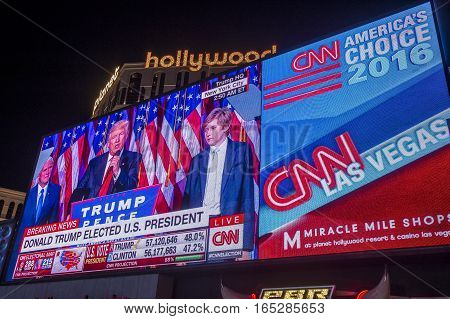 LAS VEGAS - NOV 08 : Election night in Las Vegas strip on November 08 2016 CNN election broadcasts were projected on a giant screens