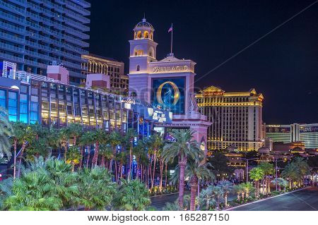 LAS VEGAS - OCT 05 : View of the strip in Las Vegas on October 05 2016. The Las Vegas Strip is an approximately 4.2-mile (6.8 km) stretch of Las Vegas Boulevard in Clark County Nevada.