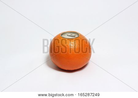 Fresh orange with pop up silver top of a can isolated on white background.