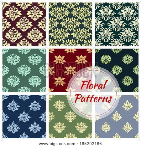 Flowery seamless pattern set of ornate damask or baroque vector floral embellishment motif and flourish ornamental tracery. Luxury royal flowers adornment backdrop and tiles for interior design