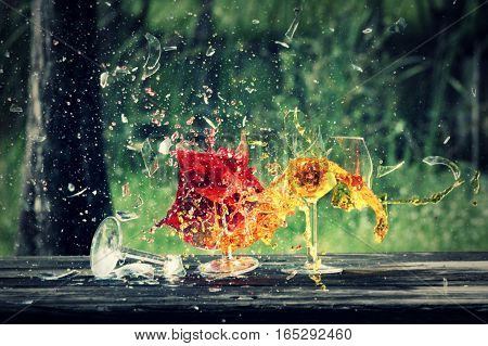 Stop Action Glass Breaking Red Yellow Liquid