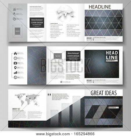 Set of business templates for tri fold square design brochures. Leaflet cover, abstract flat layout, easy editable vector. Colorful dark background with abstract lines. Bright color chaotic, random, messy curves. Colourful vector decoration.
