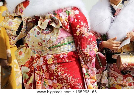Back view of Japanese young women wearing traditional Kimono