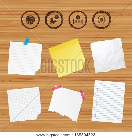 Business paper banners with notes. Volleyball and net icons. Winner award laurel wreath symbols. Fireball and beach sport symbol. Sticky colorful tape. Vector