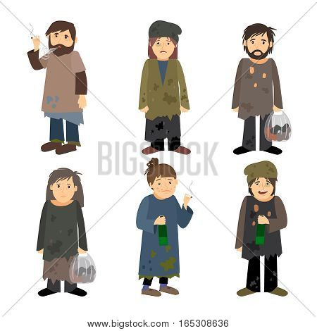 Homeless people men and women vector icons isolated on white background